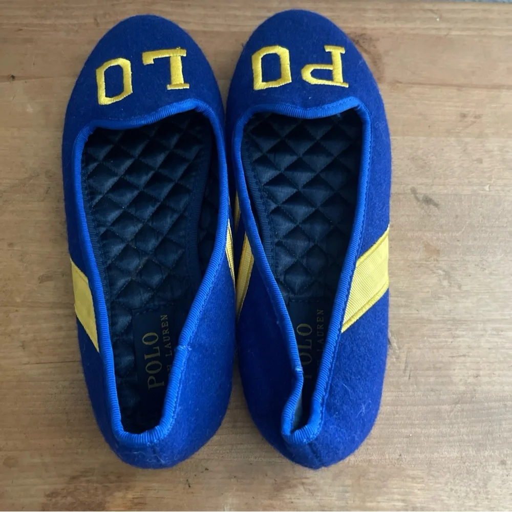Ralph Lauren Spell Out Flannel Wool Slippers Blue Royal Shoes Sz 2